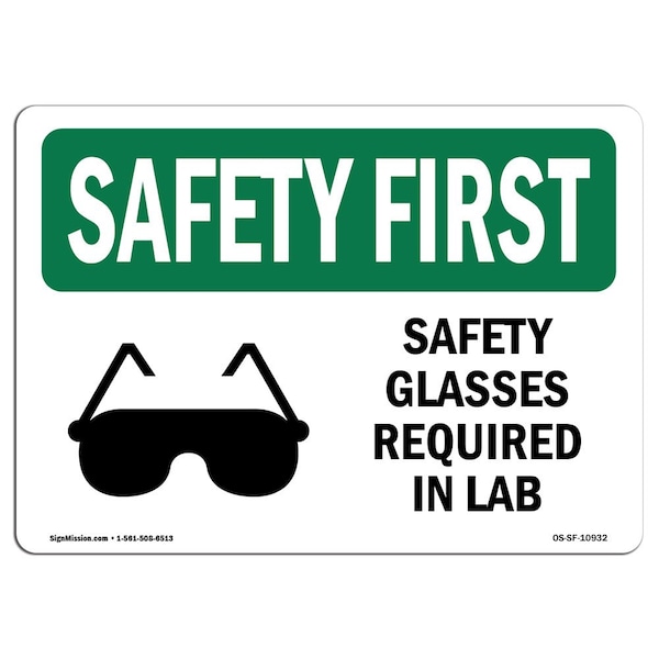 OSHA Sign, Glasses Required In Lab W/ Symbol, 10in X 7in Aluminum, 10" W, 7" H, Landscape